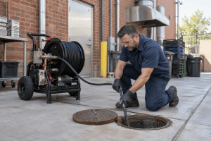 Technician operating hydro jetting equipment beside an accessible sewer line