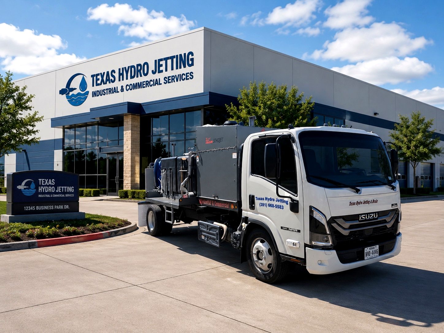 Dallas Hydro Jetting truck with Dallas skyline for commercial drain cleaning